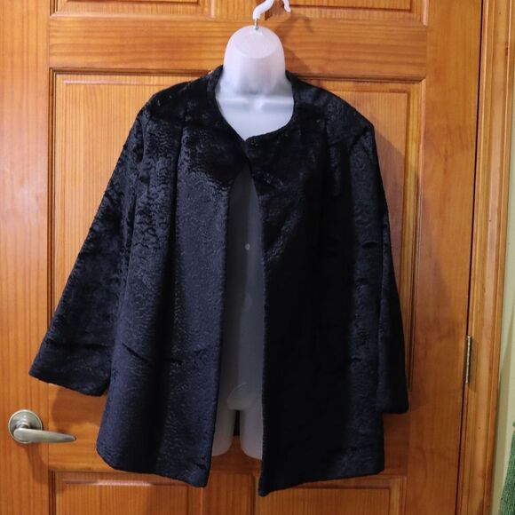 Vintage 50s 60s Black Velvet Swing Coat Textured Opera Evening Jacket XL - Picture 2 of 9